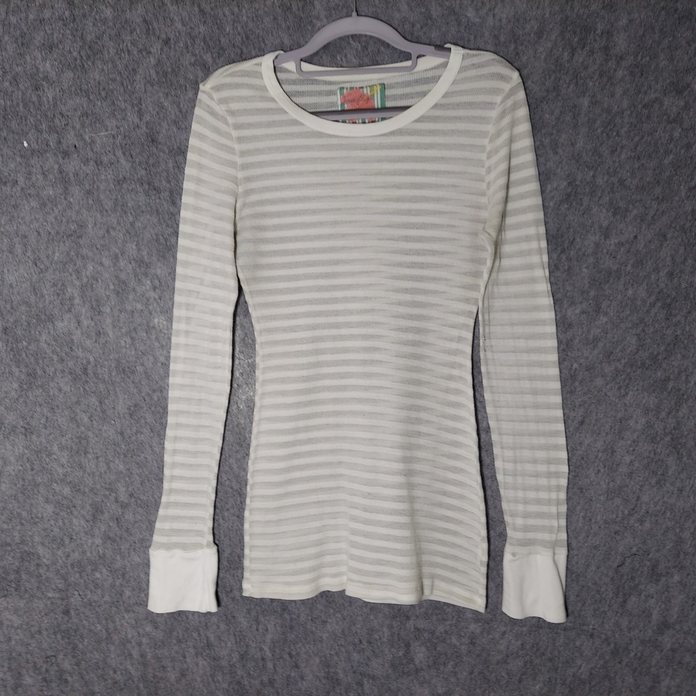 Y2K Free People Top L Gray Bella Swan Elena Striped Long Sleeve Waffle Knit